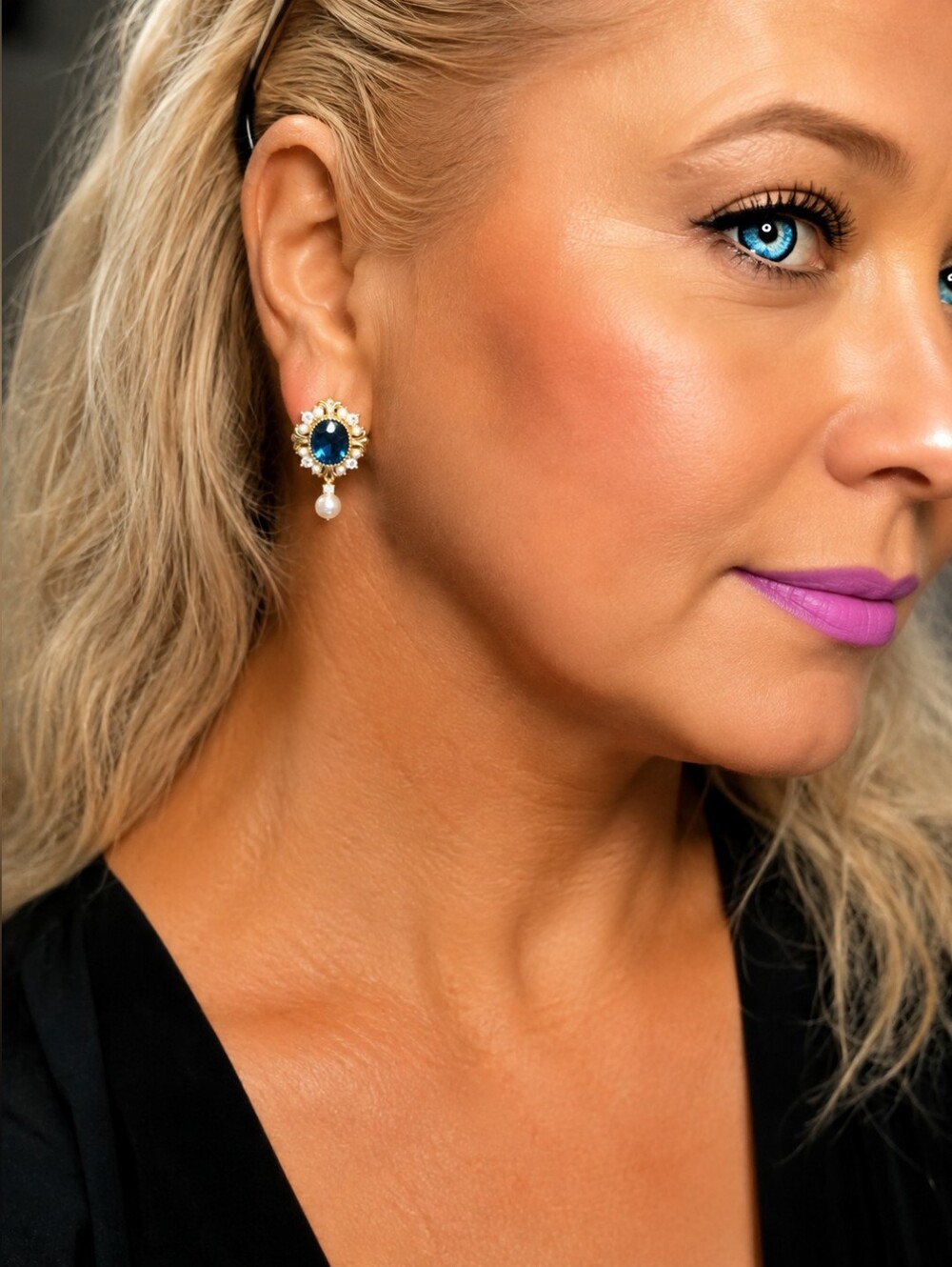 100% Natural Freshwater Drop Pearl Blue Zircon Stone Stud Earrings